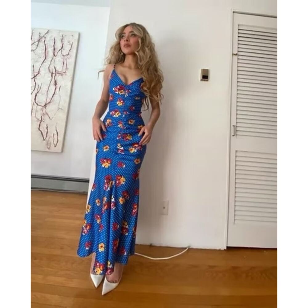 Carolina Herrera Blue Floral Polka Dot Maxi Dress 4 Sabrina Carpenter Katy Perry